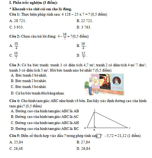 Đề thi môn Toán lớp 5 học kì I